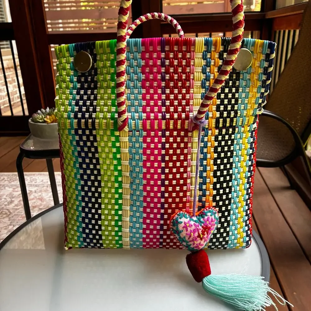 Large Colorful Mexican Mercado Woven Plastic Tote Bag Handmade Beach Market Bag